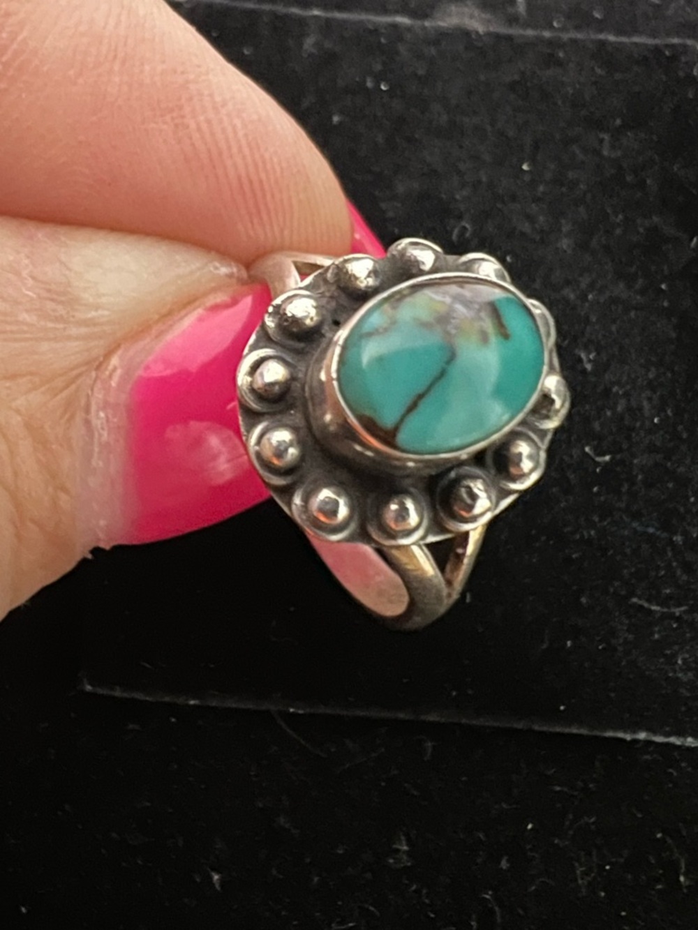 Turquoise Stone Silver Halo Ring - Blue Green